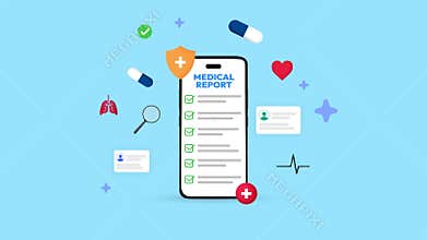 Medical and health report online and digital concept with Smartphone, Laptop and computer Screen. Medical report, health, heart,