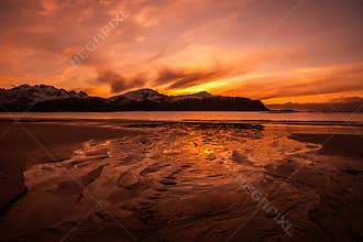 Sunset over Ramberg Beach in Lofoten Arhipelgo Norway landscape
