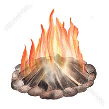 A burning campfire with wooden logs. Burning flame. Camping travelling clipart. Adventure trip. Isolated. Hand-drawn