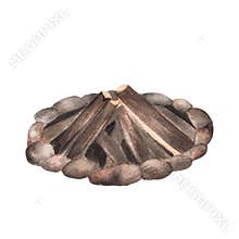 A campfire place with wooden logs and stones. Camping clipart. Travelling. Adventure. Isolated. Hand-drawn watercolor