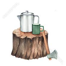 An old tree stump with a metal coffeepot and a green mug, an axe. Camping equipment. Exploration trip. Hiking. Hand