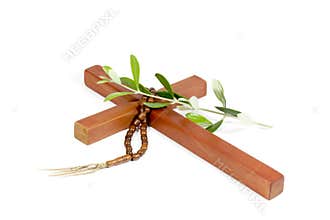 Wooden Cross With Rosary And Olive Branch