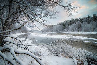 Winter snowy river landscape