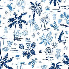 Blue indigo summer tropical beach seamless pattern. Vector hand-drawn palm tree, vacation, coastal design