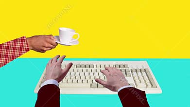 Motion trend collage video of hands type keypad banker count calculator coffee
