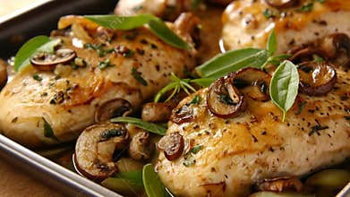 gourmet chicken breasts with sautéed mushrooms and fresh herbs on a metal baking tray