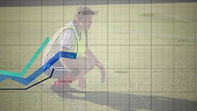 Person crouching on field with graph and data overlay animation