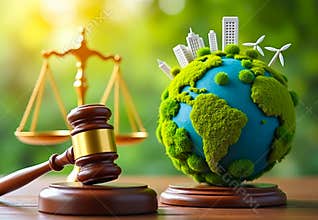 Balance Between Law and Sustainability: Scales of Justice with a Green Globe and Solar Panel
