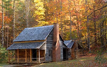 Log cabin in a wooded setting