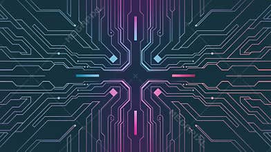Futuristic circuit board design with vibrant lines and nodes in shades of blue and pink.
