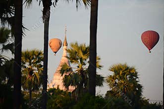 Hot air balloons over Bagan at sunset