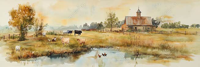 Soft watercolor painting capturing a nostalgic farm with cows, chickens, and horses near a serene pond in the