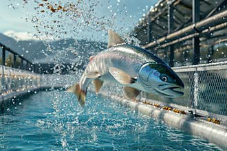 Fish jumps out of water in a fish farm during sunny day surrounded by mountains