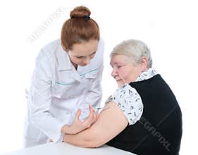 Senior patient arm insulin medicine syringe injection vaccination
