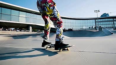 Person rollerblading inline skating colorful pants urban environment skill fun stock footage Generative AI