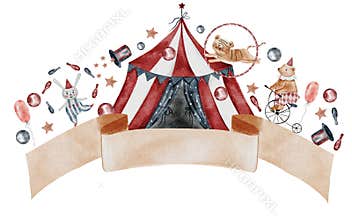 Circus watercolor banner. Hand drawn cute animal on isolated white background. Clip art of bear on bicycle, bunny and