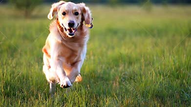 Joyful Golden Retriever dog runs happily through a lush green grassy field stock footage Generative AI