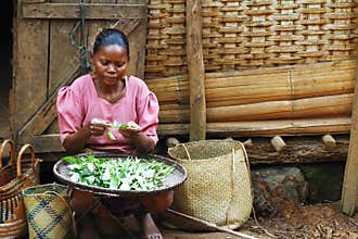 Poor Malagasy woman preparing food in front of cabin