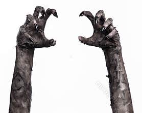 Black hand of death, the walking dead, zombie theme, halloween theme, zombie hands, white background, mummy hands