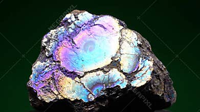 Iridescent Bornite Mineral Stone Rotating Macro on Dark Green Background Peacock Ore Specimen