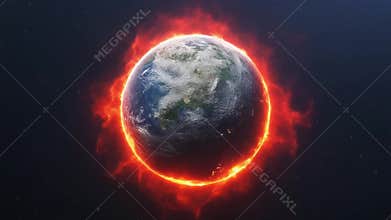 Concept of global warming apocalypse, Earth on fire in deep space.