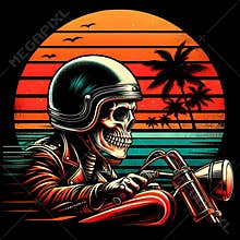 Skeleton biker riding motorcycle with retro sunset and palm trees, synthwave tropical horor