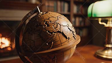 Antique globe and green banker lamp rest on wooden desk beside a cozy fireplace
