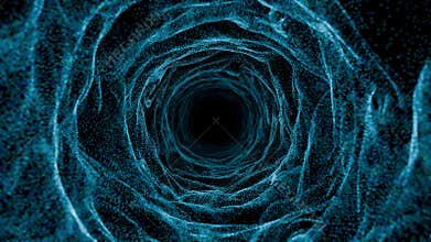 Looped animation of detailed abstract tunnel made of floating particle waves on a dark background