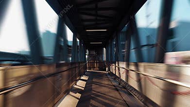 Urban pedestrian tunnel with motion blur perspective and vanishing point corridor, Futuristic bridge walkway with