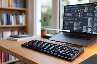 Desk has a laptop, keyboard, and books for data engineering work