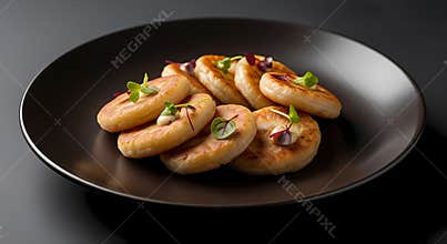Delicious pan-seared dumplings garnished with microgreens on a sleek black dish for a gourmet meal experience