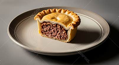 A savory meat filled pie with golden pastry crust served on a neutral toned plate showcasing the delicious texture of the