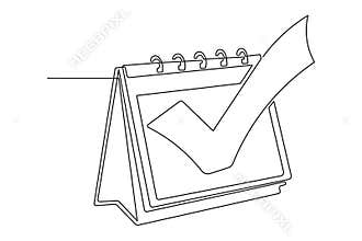 Continuous line drawing of office calendar and tick icon isolated on white
