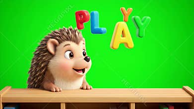Charming 3D Rendered Hedgehog Character Smiling Playfully Above a Wooden Bookshelf with Brightly Colored \"PLAY\" Letters Floating