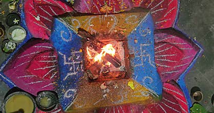 Hindu Fire Ritual Havan Yajna Ceremony, Sacred Worship Offering Flame India, 4K Slow motion