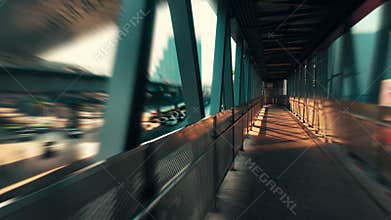 Urban pedestrian tunnel with motion blur perspective and vanishing point corridor, Futuristic bridge walkway with