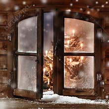 Snow on Vintage Wooden Christmas Window Pane