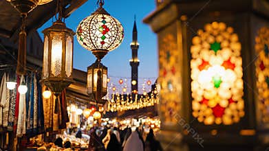Ramadan lanterns illuminate a bustling street with a mosque in the background at dusk
