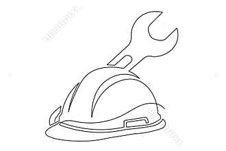 Minimalist one line art of safety helmet and wrench outline illustration