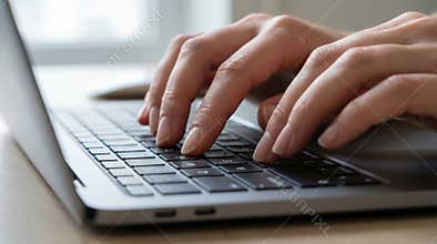 Close-Up of Hands Typing on Laptop Keyboard in Modern Bright Workspace
