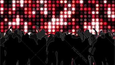 Nightclub with red mosaic wall of light and dancing crowd