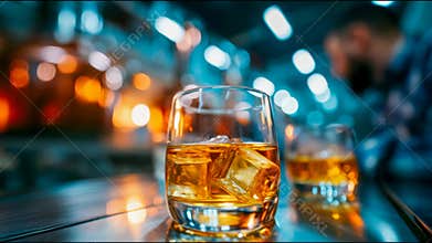 Glass of amber brandy with ice on a reflective table inside an industrial distillery with copper production equipment