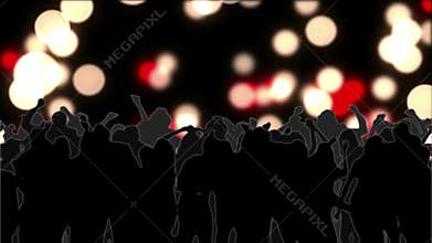 Dancing crowd with glowing circles of light moving on black