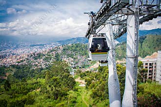 Gondola Ropeway city landscape. Medellin Colombia cable car