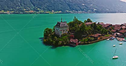 Aerial view of Iseltwald on Interlaken lake in Switzerland. Beautiful Swiss nature