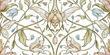 Beetle seamless pattern with moth, flowers and ornamental foliage on isolated background. Watercolor botanical repeat in vintage