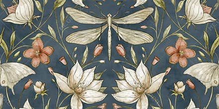 Dragonfly seamless Pattern with magnolia flowers and botanical foliage. Watercolor decorative repeat inspired by William Morris