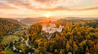 pieskowa skala castle poland autumn sunrise aerial drone landscape video