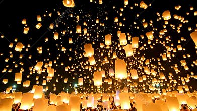 Many Sky Lanterns Floating In Loi Krathong Festival Of Chiang Mai Thailand 2014