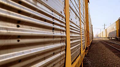 Cargo train cars lined up on railway tracks